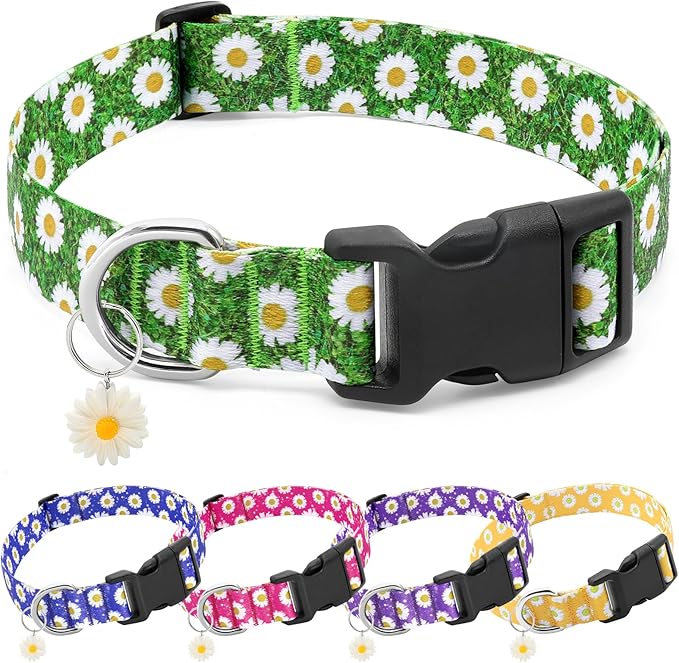 BiPawTi Green Dog Collars with Flower Floral - St. Patrick's Day Dog Collars for Puppies, Spring Dogs Collar for Girl Boy Female Dogs Pet, Cute Dog Collar with Pretty Daisies Charms (S, Green)