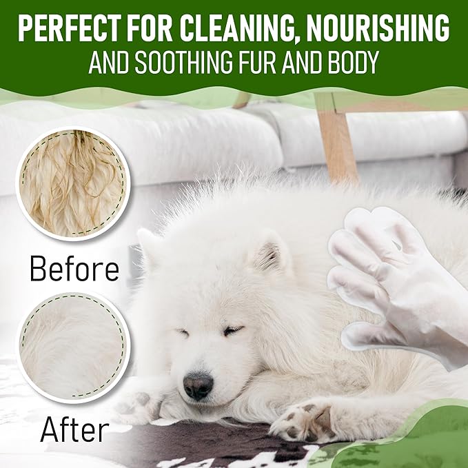 8 Dog Glove Wipes for Paws and Butt Ears Eyes Face Fur | No Rinse Lavender Scented Dog Grooming Glove | Large Size Natural Gentle Pet Cleaning Deodorizing Gloves for Daily Care Travel and Bath