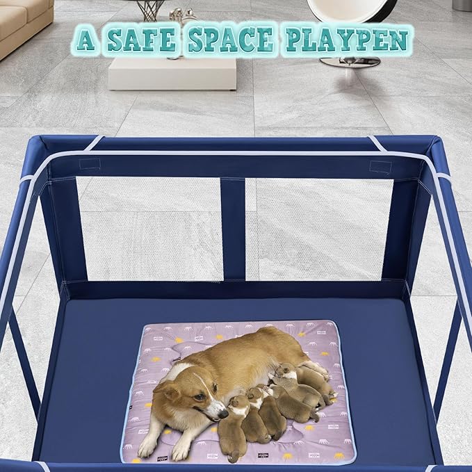 42x42x25.6 Inches Puppy Playpen with Gate, Dog Playpen for Puppies or Small Dogs, DogFence Pet Playpen for Indoor & Outdoor, Sturdy Safety DogPen with Thickened Fabric, High-Strength Nylon Wire Mesh