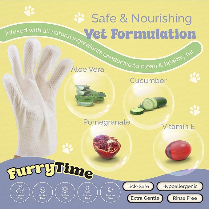 FURRYTIME Pet Cleaning Glove Wipes for Dogs & Cats, 30 Gloves, Hypoallergenic Pet Wipes Disposable No-Rinse Grooming, Extra Thick Bathing Wipes, Pet Dry Cleaning Paws, Coat, Ears, Eye Area, Butt