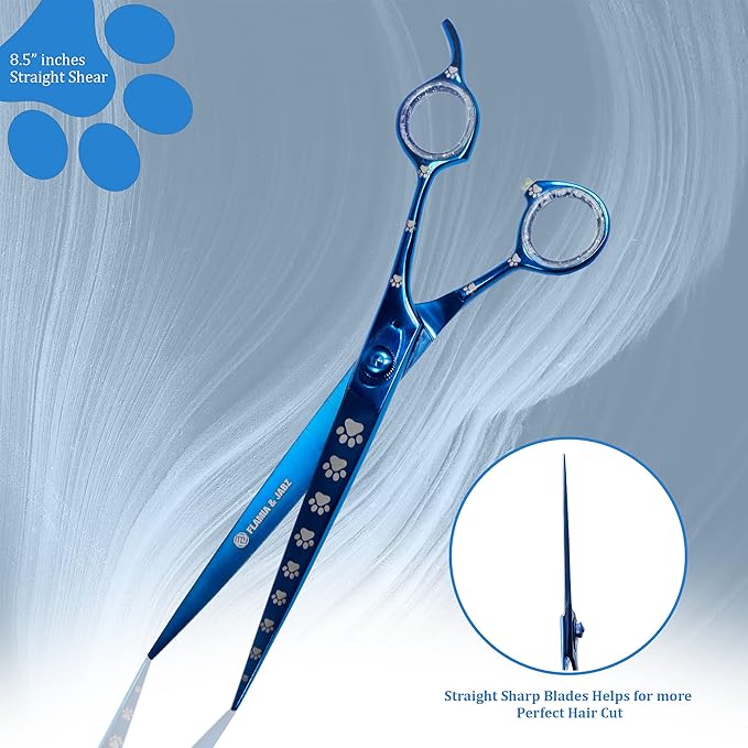 Professional Dog Grooming Scissors Set of Straight, Curved, Thinner/Blender and Chunker Shears with Paw Prints for Dogs, Cats & Pets (Right Handed, Blue, Stainless Steel 8 Inch)