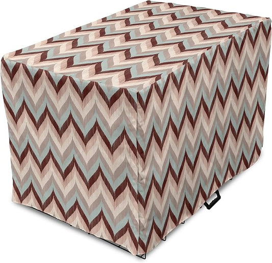 Lunarable Chevron Dog Crate Cover, Ikat Zig Zags Wavy Nostalgic Vintage Design, Easy to Use Pet Kennel Cover for Medium Large Dogs, 48 Inch, Dried Rose Pale Blue