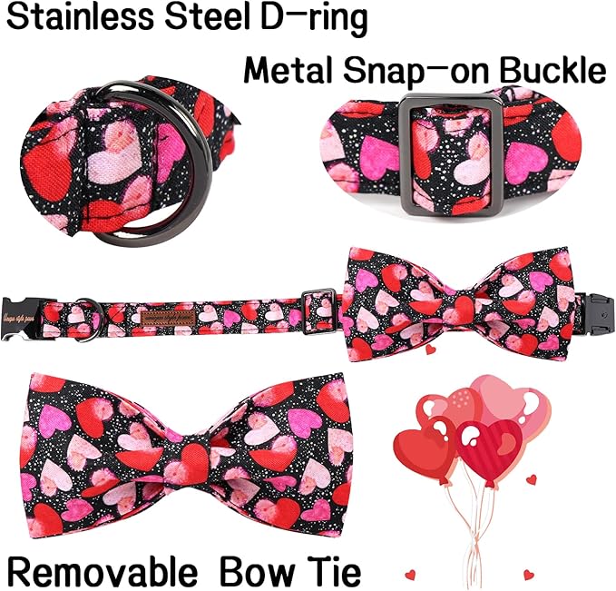 Unique Style Paws Valentine's Day Dog Collar with Bow Colorful Heart Love Dog Collars for Small Medium Large Dog New (XL, Black Bow)