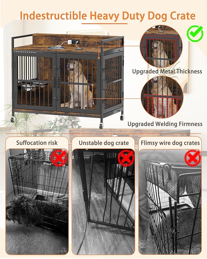 Piskyet Large Dog Crate Furniture,Heavy Duty Dog Crate Table with Charge Station and Storage&360°Rotatable Feeder and Stainless Steel Bowls,Indoor Double Door Kennel with Wheels,Rustic Brown 39.9" L