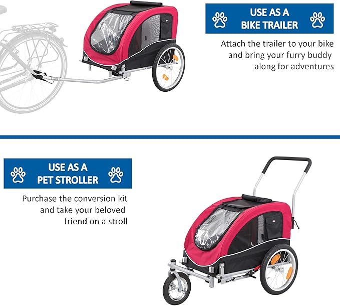 TRIXIE Convertible Dog Bike Trailer and Pet Stroller for Medium Dogs up to 66 lbs, Quick Set-up and Fold Down, Red