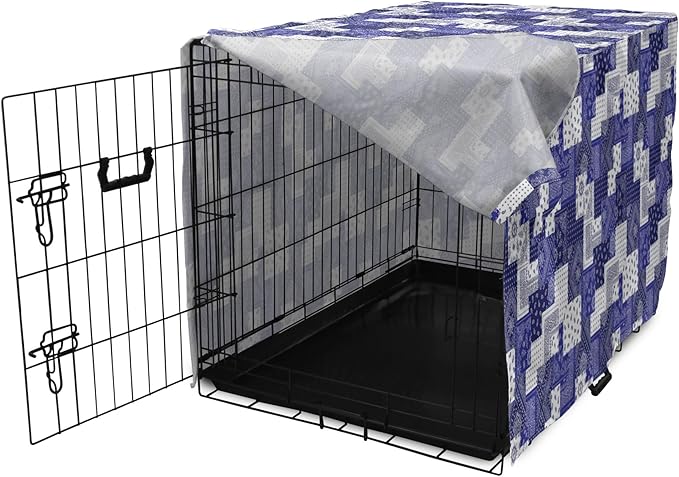 Lunarable Geometric Dog Crate Cover, Eastern Inspirations Canonical Paisley and Floral Composition Squares, Easy to Use Pet Kennel Cover for Small Dogs Puppies Kittens, 22 Inch, Dark Blue Cobalt Blue