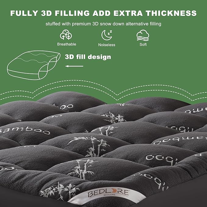 BEDLORE King Mattress Topper Viscose Derived from Bamboo, Thick Pillow Top Mattress Pad with Stretchable Pockets for 6"-18" Mattress, Soft Breathable Mattress Topper for Back Pain Relief(Dark Gray)