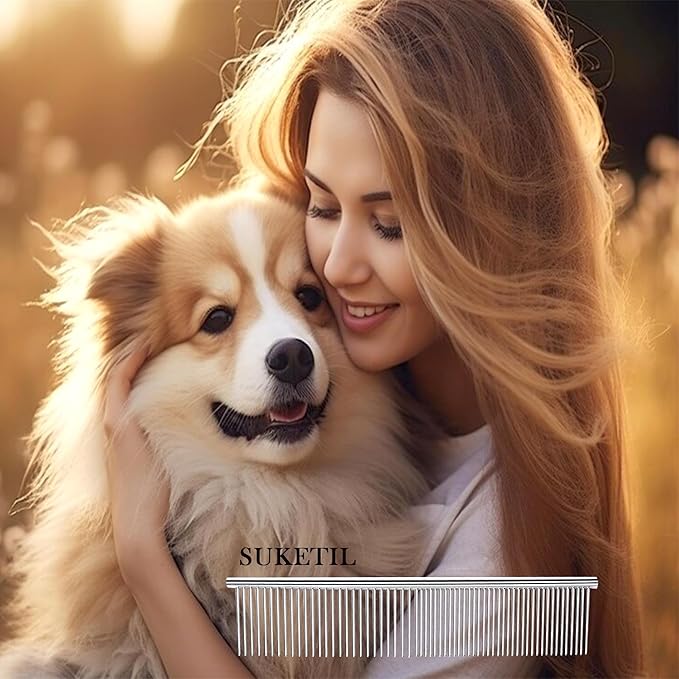 Dog Comb and Cat Combs Stainless Steel Teeth, Grooming Tool for Long & Short Hair, Dematting Comb for Dogs, Removes Tangles & Knots (Small and Large Silver)