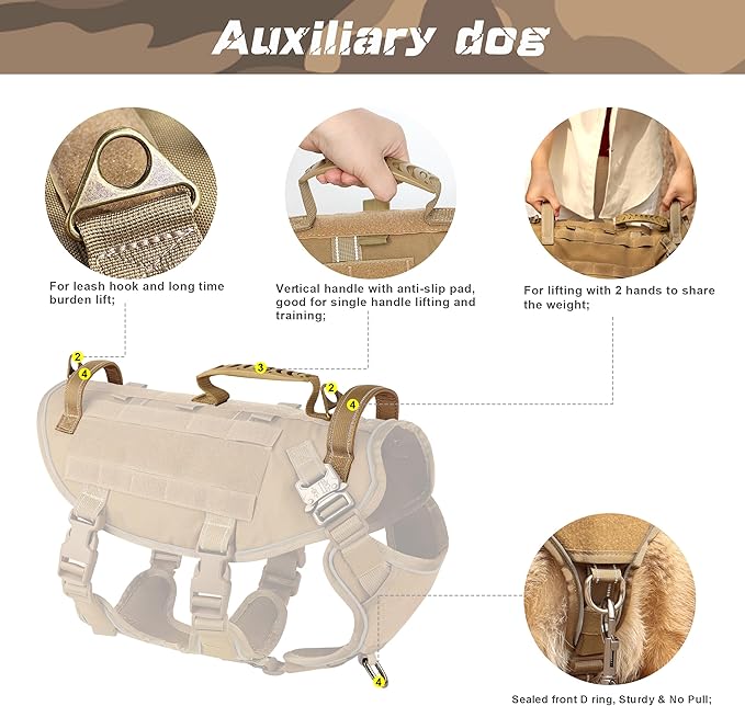 PET ARTIST [Upgrade] Tactical Dog Harness for Hiking Training, No Pull Vest Harness for Medium Large Dogs, with Pouches and Patches Brown, L