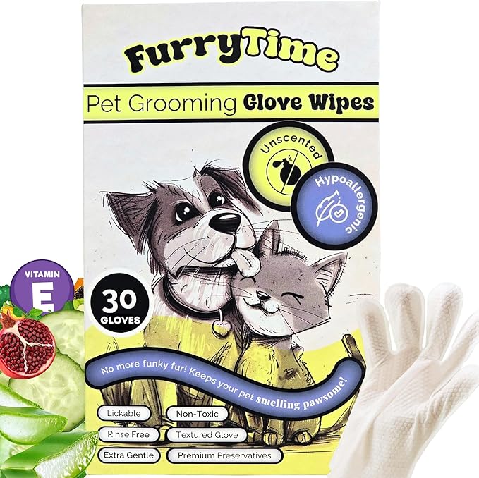 FURRYTIME Pet Cleaning Glove Wipes for Dogs & Cats, 30 Gloves, Hypoallergenic Pet Wipes Disposable No-Rinse Grooming, Extra Thick Bathing Wipes, Pet Dry Cleaning Paws, Coat, Ears, Eye Area, Butt