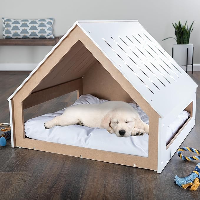 Indoor Dog House Bed - Wood Doghouse with Soft Cushion and Air Vents - 29.5x28x24in Dog Furniture for Small to Medium Pets up to 80lbs - Puppy Accessories by PETMAKER (White)