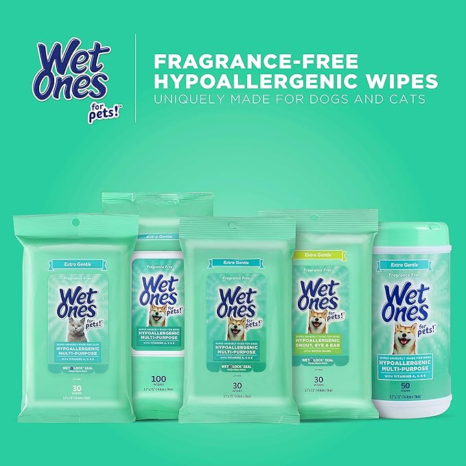 Wet Ones for Pets Hypoallergenic Multi-Purpose Dog Wipes with Vitamins A, C & E, 50 Count - 12 Pack | Fragrance-Free Hypoallergenic Dog Wipes for All Dogs Wipes Multipurpose (FF14365PCS12)