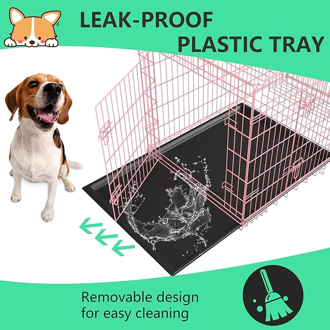 FDW 24 inch Dog Crate Dog Kennel Cage with Double Door Folding Metal Wire Dog Cage with Removable Tray&Divider Panel,Pet Crate for Small Dogs,Pink