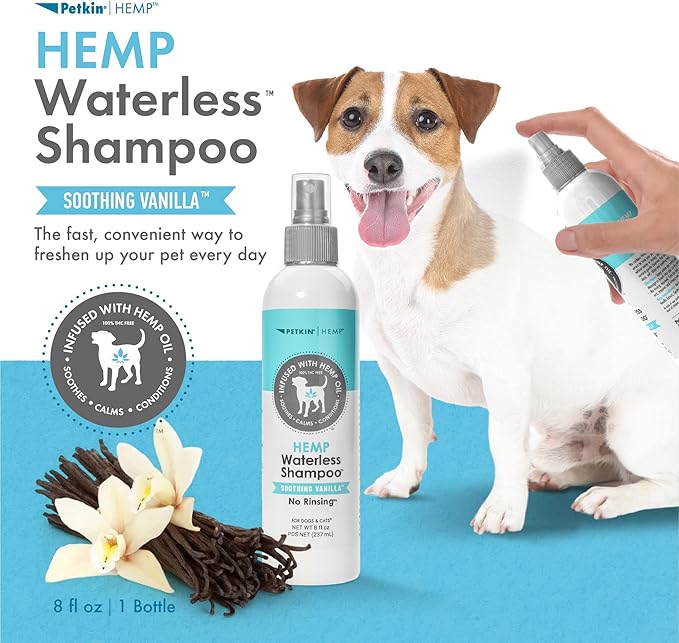 Petkin Hemp Waterless Dog Shampoo Spray – with Hemp Oil & Soothing Vanilla Extract, 8 fl oz – for Cats and Dogs – Soothes, Calms & Conditions, Keeps Pet Smelling Great – for Home and Travel