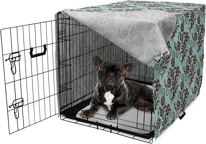 Ambesonne Art Nouveau Dog Crate Cover, Vintage Swirls Vibrant Foliage Damask Style Classic Renaissance, Easy to Use Pet Kennel Cover for Cats & Medium Dogs, 30 Inch, Seal Brown and Pale Blue