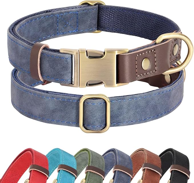 Didog Soft Padded Leather Dog Collar for Large Dogs, Classic Heavy Duty Dog Collars with Quick Release Metal Buckle, Adjustable Large Dog Collar Leather,Blue,L