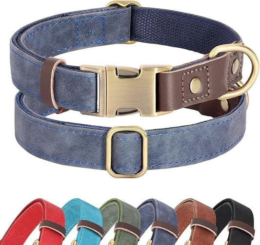 Didog Soft Padded Leather Dog Collar for Large Dogs, Classic Heavy Duty Dog Collars with Quick Release Metal Buckle, Adjustable Large Dog Collar Leather,Blue,L