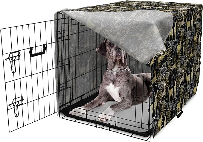 Ambesonne Christmas Dog Crate Cover, Nature Woodland and Deer Silhouettes with Oriental Ornaments Design, Easy to Use Pet Kennel Cover for Medium Large Dogs, 48 Inch, Yellow White Black
