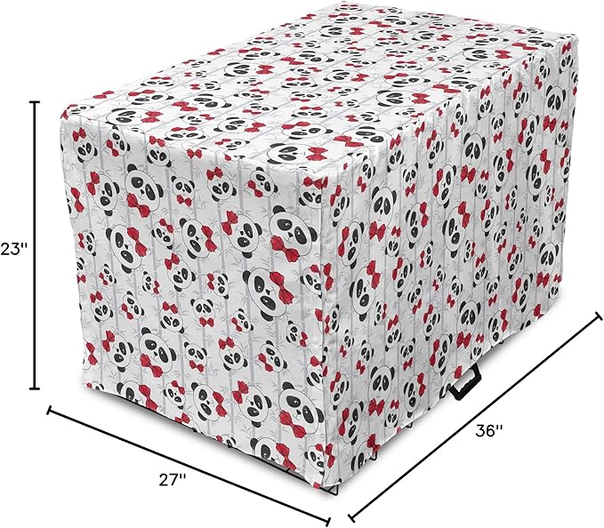 Lunarable Panda Dog Crate Cover, Funny Pattern of Asian Bear Animal in Romantic Bow Tie Cartoon Design, Easy to Use Pet Kennel Cover for Medium Large Dogs, 36 Inch, Pale Grey Black and Red