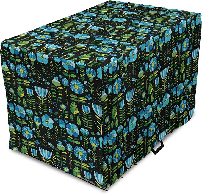 Lunarable Floral Dog Crate Cover, Abstract Flower Bouquets Dragonflies Ladybugs Butterflies on Dark, Easy to Use Pet Kennel Cover for Cats & Medium Dogs, 24 Inch, Blue Green and Charcoal Grey