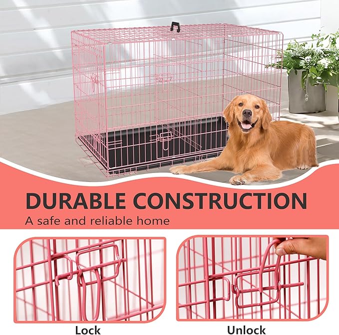 FDW XL Dog Crate Dog Kennel Cage with Double Door,42 inch Folding Metal Wire Dog Cage with Removable Tray&Divider Panel,Pet Crate for Medium Large Dogs,Pink