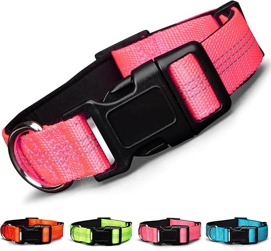 BLAZIN 'Color Me Happy!' Reflective Dog Collar for Day and Night - Adjustable Soft Neoprene Padded Dog Collar in 4 Vibrant Colors - Keeps Dogs Safe and Stylish - for Every Day Use (Small, Pink)