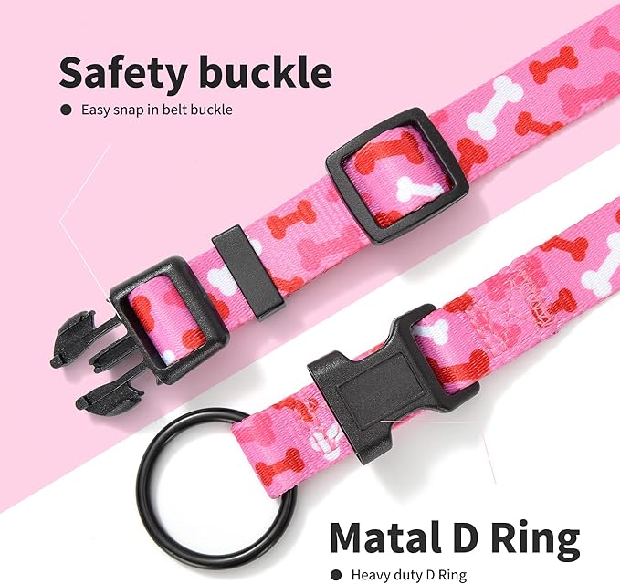 Mile High Life Dog Collar | Nylon Puppy Collars w Cute Patterns | Lightweight Girl Dog Collar | Boy Dog Collar for Small/Medium/Large Dogs (Pink Bone, Large)