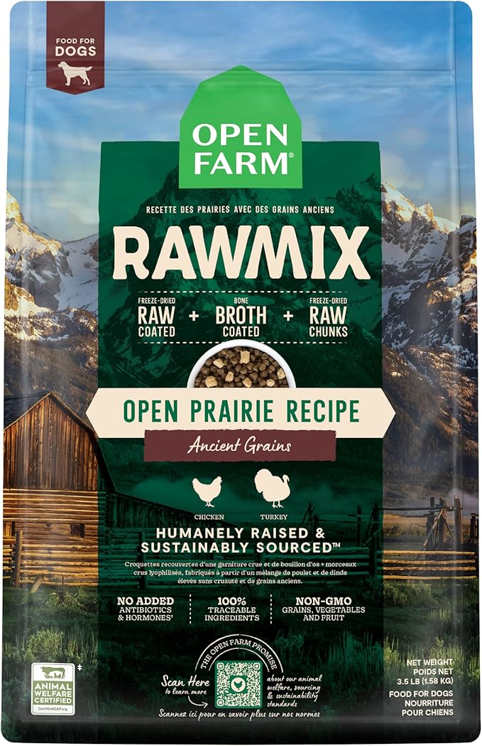 Open Farm RawMix Ancient Grains Prairie Recipe for Dogs, Includes Kibble, Bone Broth, and Freeze Dried Raw, Inspired by The Wild, Humanely Raised Protein and Non-GMO Fruits and Veggies, 3.5 lb