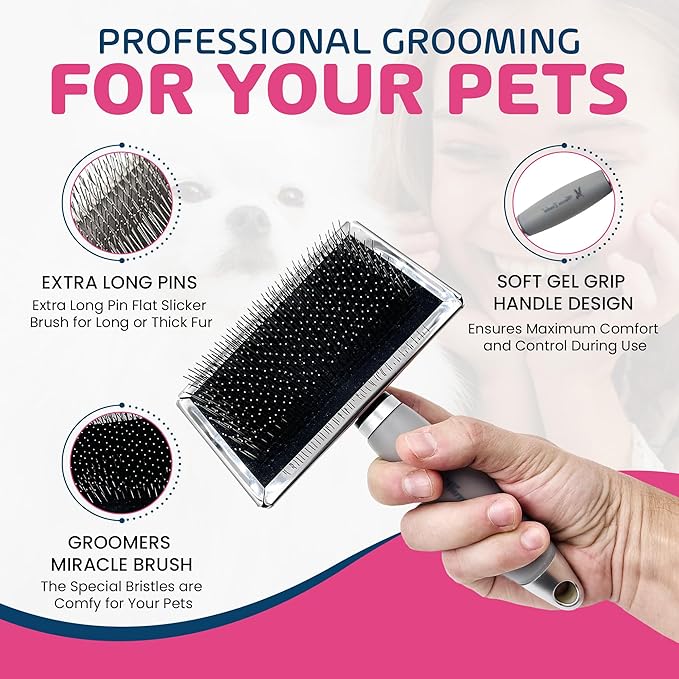 Warren London Gel-Handle Slicker Brush for Dogs | Long & Strong Pin Bristles | Doodle Brush Ideal for Thick & Long Fur | Comfortable Grooming Tool