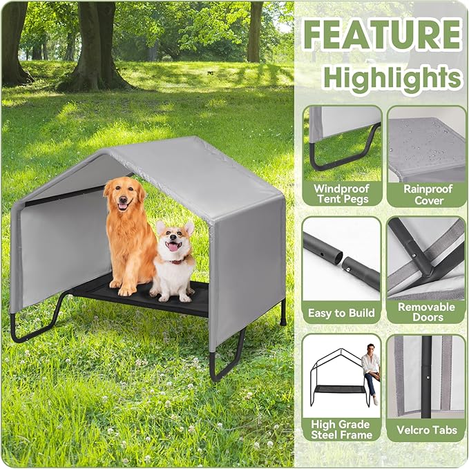 Dog Shade Shelter Outdoor Tent for Large Medium Dogs, Outdoor Pet Tent Weatherproof, Outside Sun Rain Canopy Pet Houses with Elevated Dog Bed for Dogs, Small Animals and Livestock,3.4'x3.4'x3.2', Grey