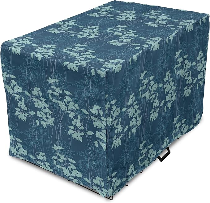 Lunarable Blue Floral Dog Crate Cover, Abstract Leaves and Outlines Rural Field Garden Foliage Art, Easy to Use Pet Kennel Cover for Small Dogs Puppies Kittens, 18 Inch, Green Night