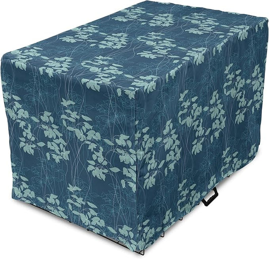 Lunarable Blue Floral Dog Crate Cover, Abstract Leaves and Outlines Rural Field Garden Foliage Art, Easy to Use Pet Kennel Cover for Small Dogs Puppies Kittens, 18 Inch, Green Night
