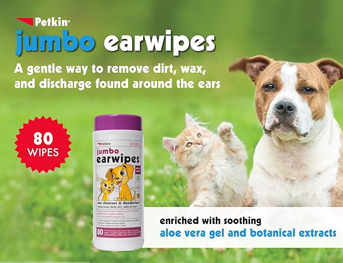 Petkin Jumbo Pet Ear Wipes, 80 Extra Moist Wipes - Soothing & Deodorizing Pet Ear Cleaner to Remove Dirt, Odor, & Wax - Safe, Convenient, & Easy to Use Pet Wipes for Dogs, Cats, Puppies & Kittens