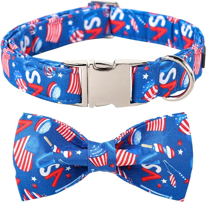 Lionet Paws Patriotic Dog Collar with Bowtie, 4th of July, Soft and Comfortable Adjustable American Flag Bowtie Collar for Dogs Male Female Gift, Medium, Neck 13.5-22 inches