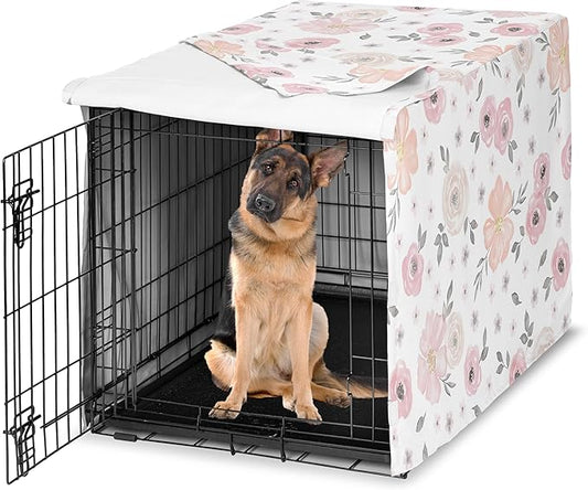 Sweet Jojo Designs Blush Pink Grey Boho Floral Dog Crate Cover – Kennel Covers for 48 Inch Pet Cage Large - Bohemian Farmhouse Shabby Chic Rose Lily Watercolor Flower Elegant Gray and White