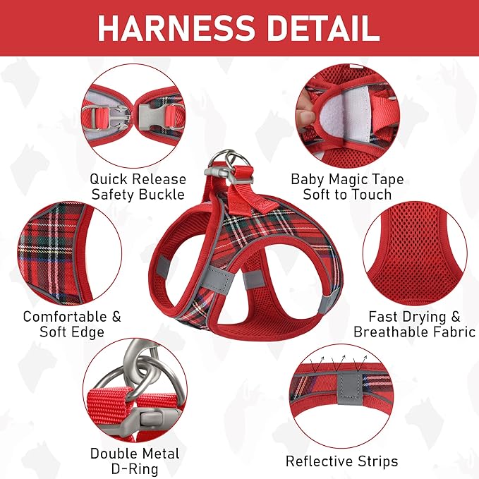 GAMUDA Small Dog Harness Collar and Leash Set, Step in No Chock No Pull Soft Mesh Adjustable Dog Vest Harnesses Plaid Reflective for Dogs Puppy Cats Kitten Rabbit (Red, XXS)