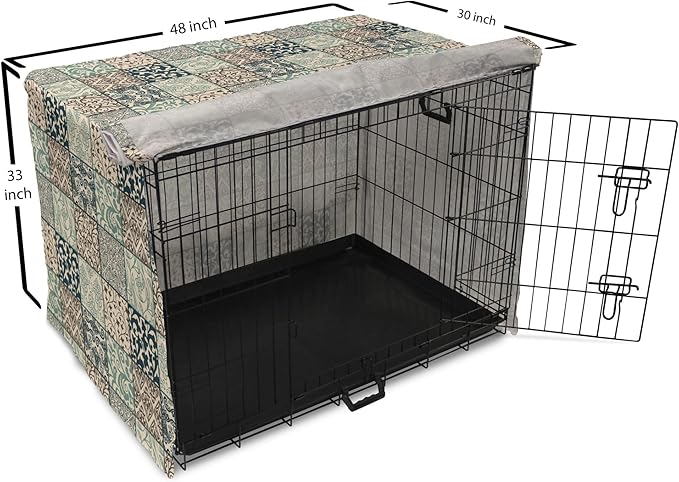 Lunarable Geometric Dog Crate Cover, Antique Mosaic with Victorian Garden Motifs Damask and Scroll Flower, Easy to Use Pet Kennel Cover for Medium Large Dogs, 48 Inch, Seafoam Brown Dark Blue