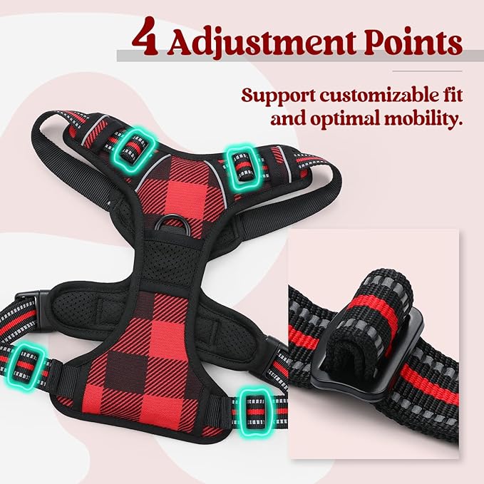 rabbitgoo Dog Harness for Large Dogs No Pull, Comfortable Padded Plaid Dog Harness with Handle Easy Control, Adjustable Reflective Puppy Pet Harness Vest with 2 Leash Clips, Red Plaid, L