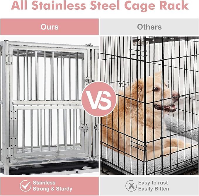 48 Inch Heavy Duty Indestructible Dog Crate, Stainless Steel Dog Cage Kennel with Lockable Wheels, High Anxiety Dog Crate with Double Door, Extra Large Crate Indoor for Large Dogs with Removable Tray