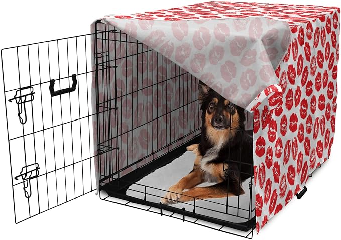 Lunarable Kiss Dog Crate Cover, Rhythmic Make up Red Luscious Lips Lipstick Imprint Illustration, Easy to Use Pet Kennel Cover for Medium Large Dogs, 36 Inch, Dark Pink and White