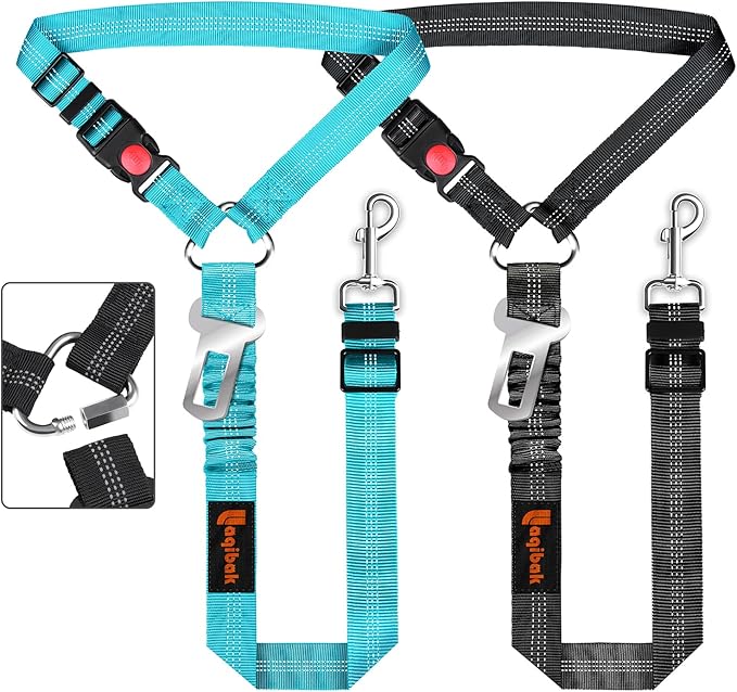 Removable Dog Seat Belt Harness for Car, 3 in 1 Pet Dog Car Seatbelt Leash, Retractable Restraint Secures to Vehicle Headrest & Adjustable Reflective Bungee Dog Seatbelt Tether with Poop Bag Holder