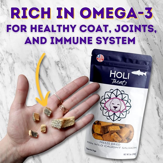 HOLI Freeze Dried Salmon Dog Treats - with Omega 3 and 6 Fish Oil - All Natural - Human Grade - Wild Caught Salmon with Skin - Made in USA - Grain Free - Diabetic Friendly