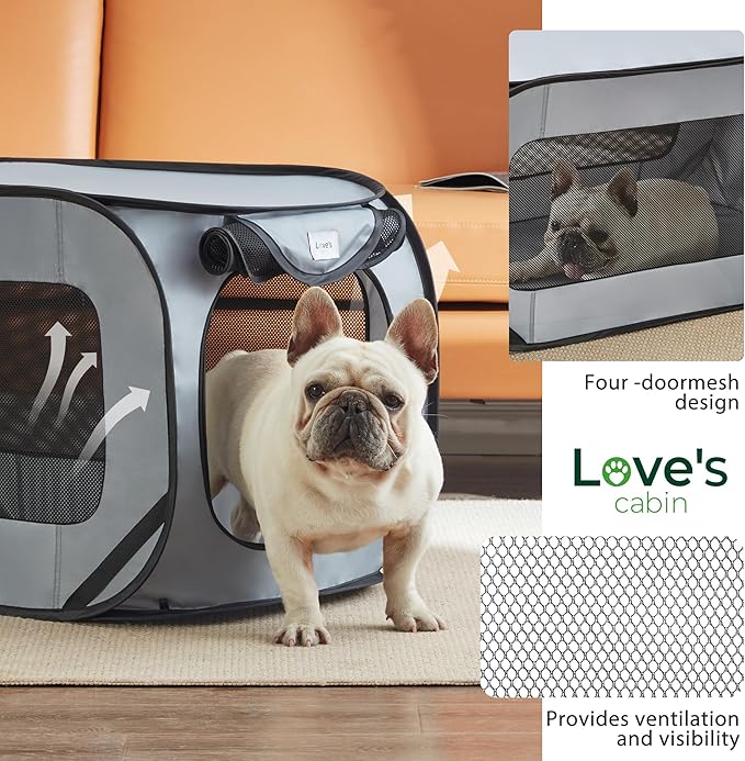 Love's cabin 44in Portable Large Dog Bed - Pop Up Dog Kennel, Indoor Outdoor Crate for Pets, Portable Car Seat Kennel, Cat Bed Collection, Grey