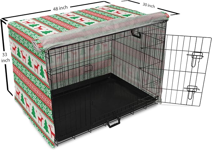 Ambesonne Christmas Dog Crate Cover, Knit Style Graphic Reindeer Star and Snowflake Holiday Family Theme, Easy to Use Pet Kennel Cover for Medium Large Dogs, 48 Inch, White Green