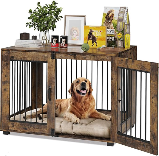 42.1" Dog Crate Furniture, Lockable Double Door Wooden Pet Crate for Indoor Use, Stylish Pet Crate End Table for Small/Large/Medium Dogs, Decorative Pet House, Functional Chic Puppy Crate Furniture