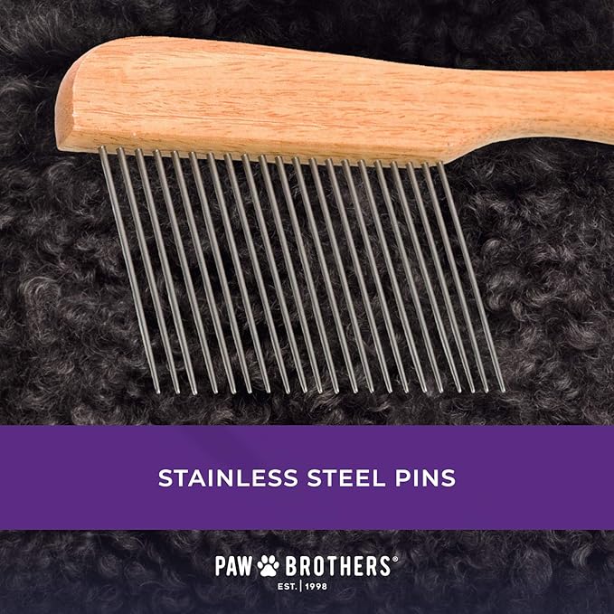 Ryan's Pet Supplies Paw Brothers Poodle Comb Brush for Dogs, Professional Grade, Wooden Ergonomic Handle, Stainless Steel Teeth, Dematting Comb for Dogs, Extra Long Teeth