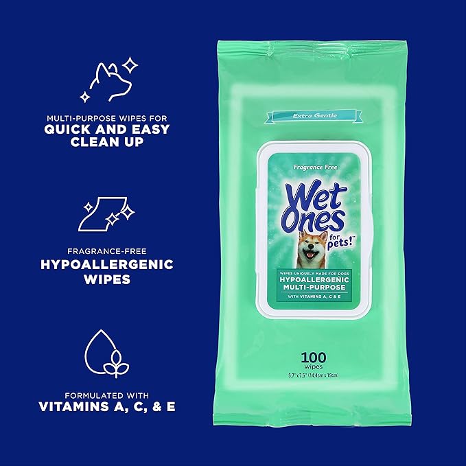 Wet Ones for Pets Hypoallergenic Multi-Purpose Dog Wipes with Vitamins A, C & E, 100 ct - 12 Pack | Fragrance-Free Hypoallergenic Dog Wipes for All Dogs Wipes Multipurpose (FF14364PCS12)