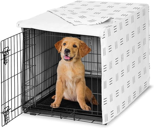 Sweet Jojo Designs White and Black Boho Mudcloth Dog Crate Cover – Kennel Covers for 36 Inch Pet Cage Medium - Black and White Bohemian Minimalist Southwest Mud Cloth Hatch Neutral Triple Line