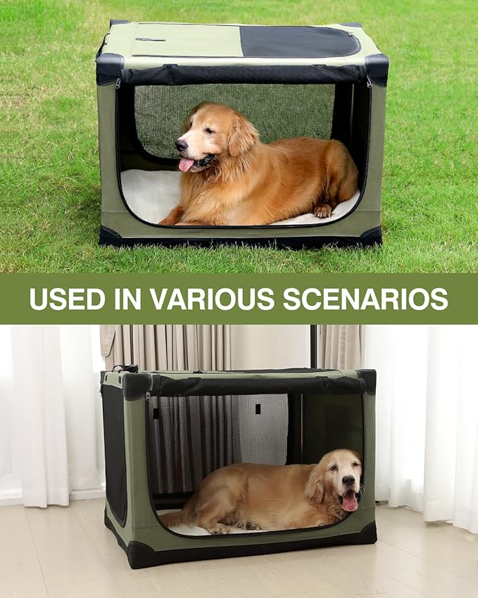 30-Inch Collapsible Travel Dog Crate, Portable 4-Door Soft Kennel for Medium to Large Dogs, Chew-Proof Mesh Windows, Indoor/Outdoor Use, Foldable, with Storage Bag (Green)