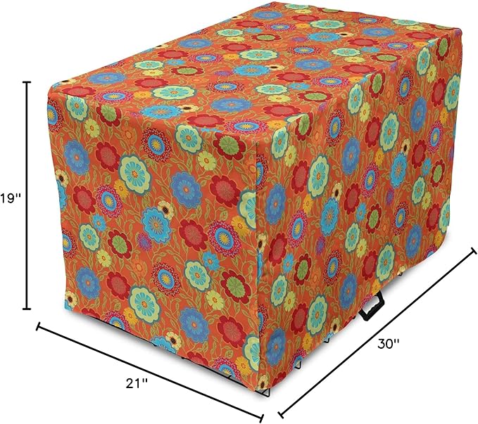 Ambesonne Floral Dog Crate Cover, Continuous Art Abstract Flowers and Outline Curls Leaves Print, Easy to Use Pet Kennel Cover for Cats & Medium Dogs, 30 Inch, Burnt Orange Multicolor